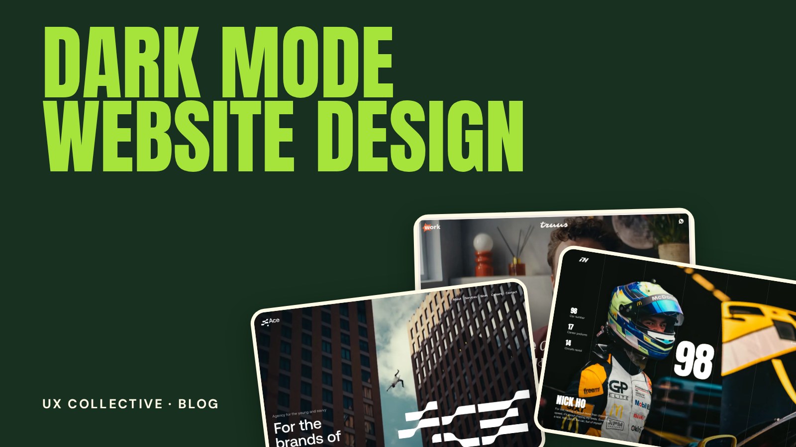 Three website screenshots on a green background under the title Dark Mode Website Design