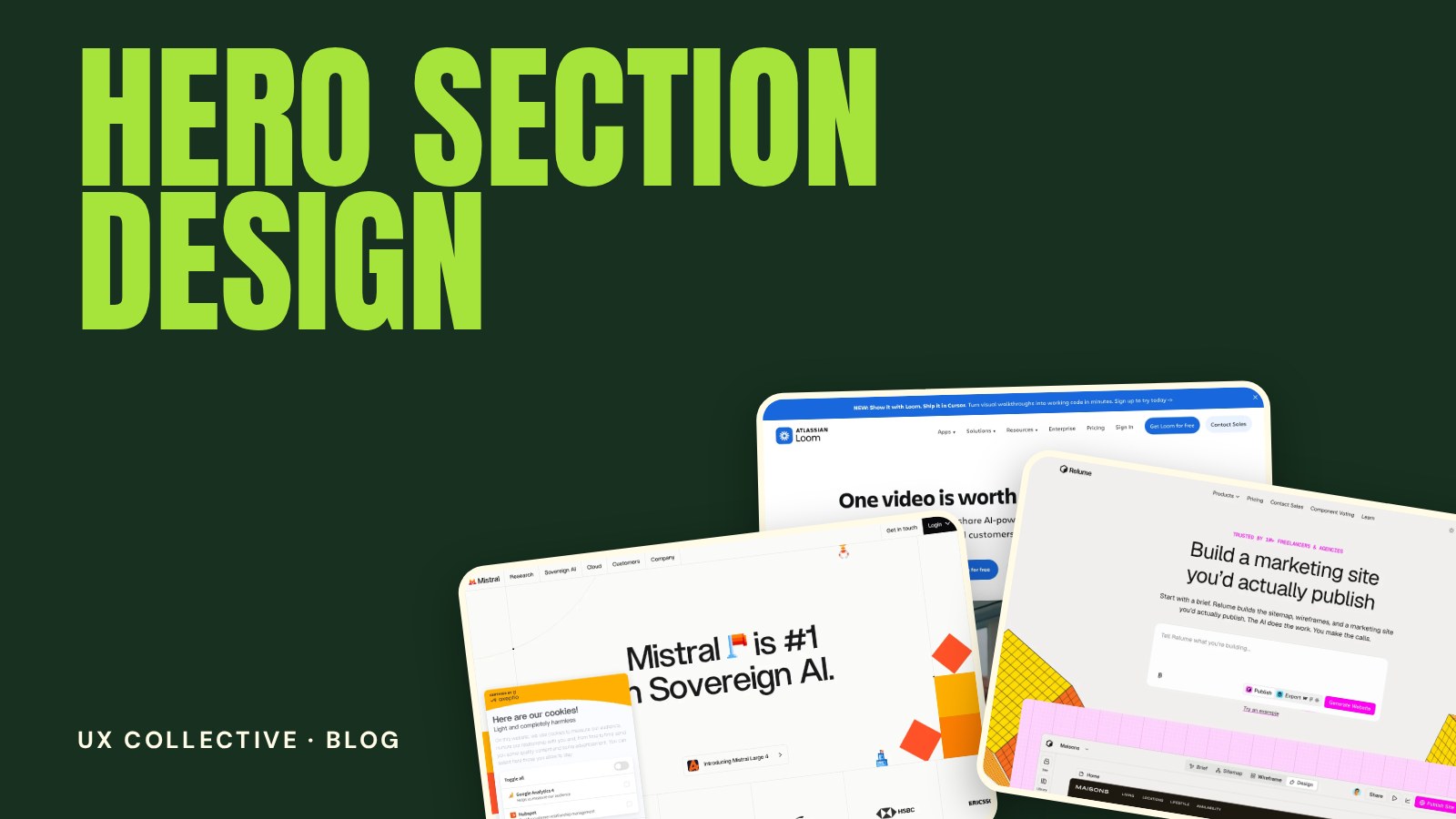 Three website screenshots on a green background under the title Hero Section Design