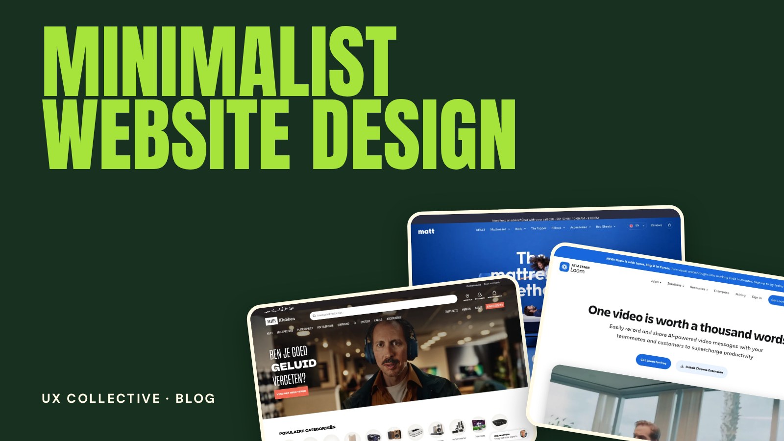 Three website screenshots on a green background under the title Minimalist Website Design