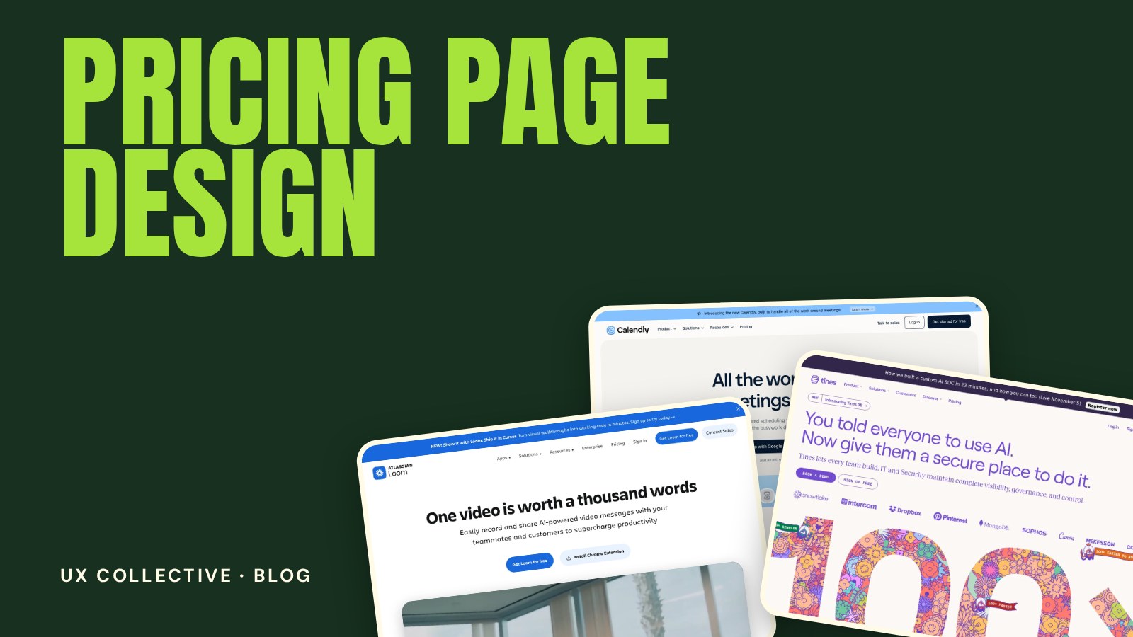 Three website screenshots on a green background under the title Pricing Page Design
