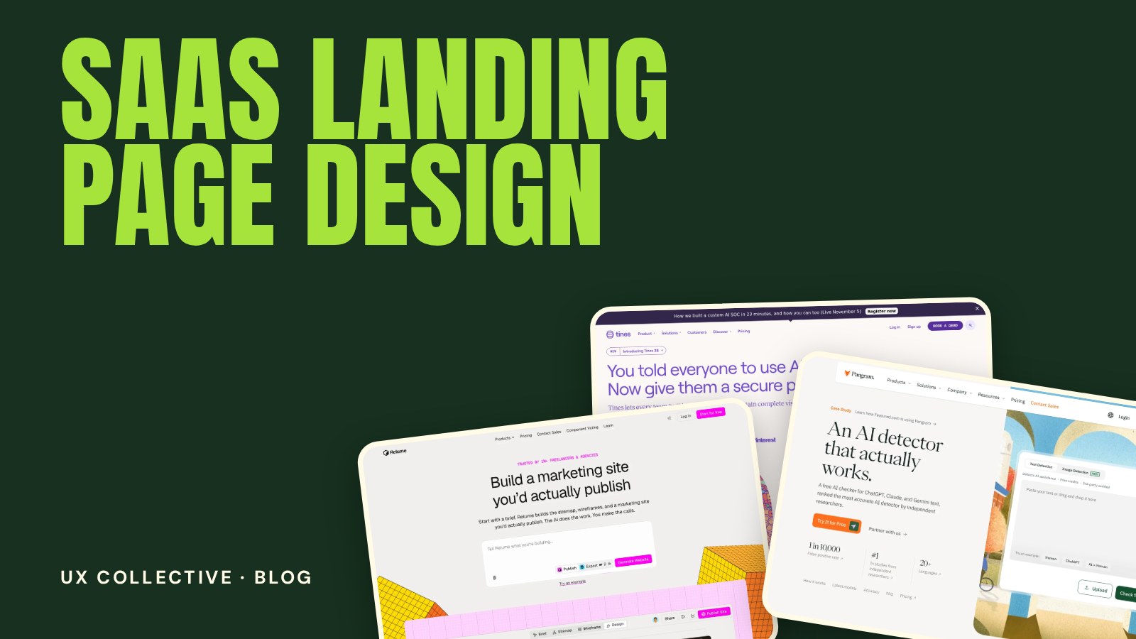 Three website screenshots on a green background under the title SaaS Landing Page Design